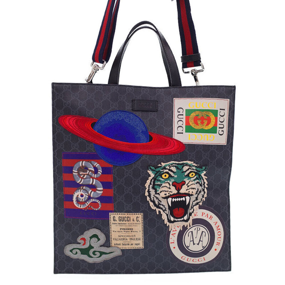 Gucci Soft GG Supreme Night Courrier GG TIGER Cat Canvas Tote Bag Black
